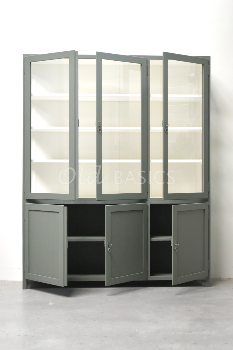 Detail van Vitrinekast Jeanette, 3 deuren, RAL7009, groen, grijs, materiaal hout